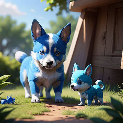 a blue and white dog and a blue and white puppy are standing in the grass near a birdhouse