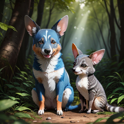 a dog and a cat sitting in the woods together, with sunlight streaming through the trees behind them,
