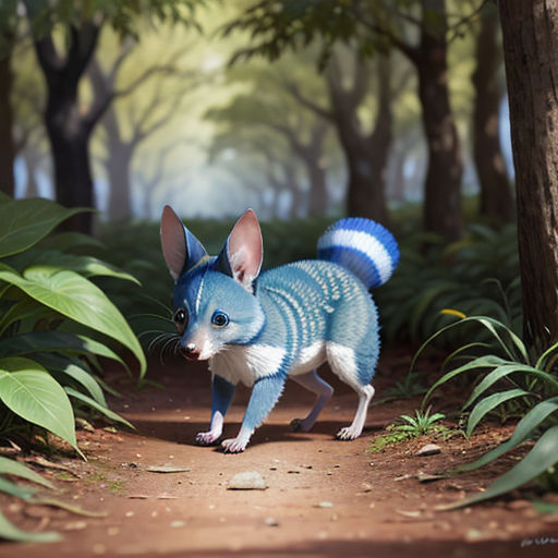a blue and white toy animal walking through a forest of trees and bushes on a dirt path with green leaves