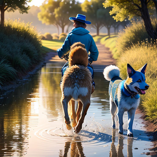a man riding a horse and a dog walking in a river with a person on a horse behind him
