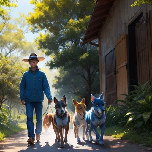a man walking three dogs down a road with a hat on his head and a leash on his neck