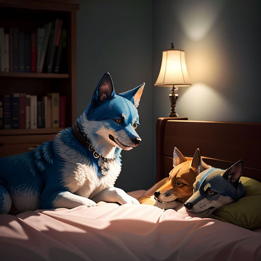 two dogs laying on a bed with a lamp on the side of the bed and a bookcase behind them