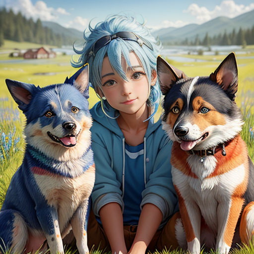 a girl sitting next to two dogs in a field of grass with mountains in the background and a lake in the foreground