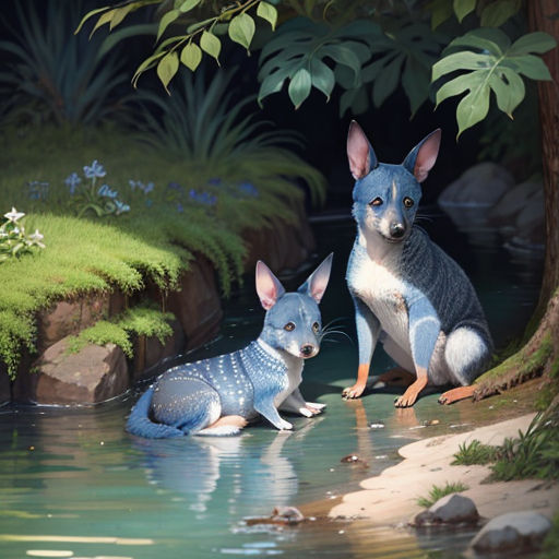 two blue kangaroos are sitting in the water near a tree and rocks, and one is looking at the camera