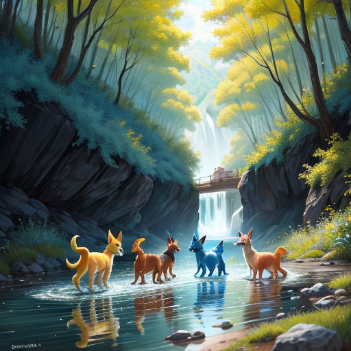 a painting of a waterfall with a group of dogs in it and a waterfall in the background with a waterfall