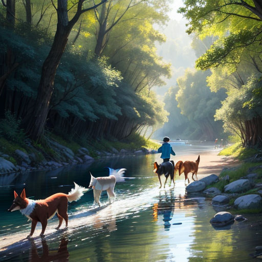 a painting of a man riding horses and dogs on a river bank with a dog watching him from the shore