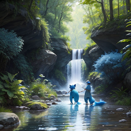 a couple of cats standing in the middle of a river next to a waterfall with a waterfall behind them