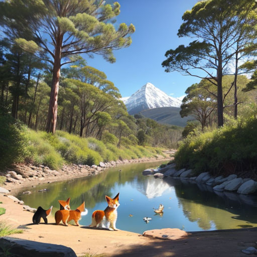 a group of dogs sitting on a rock next to a river with a mountain in the background and a forest