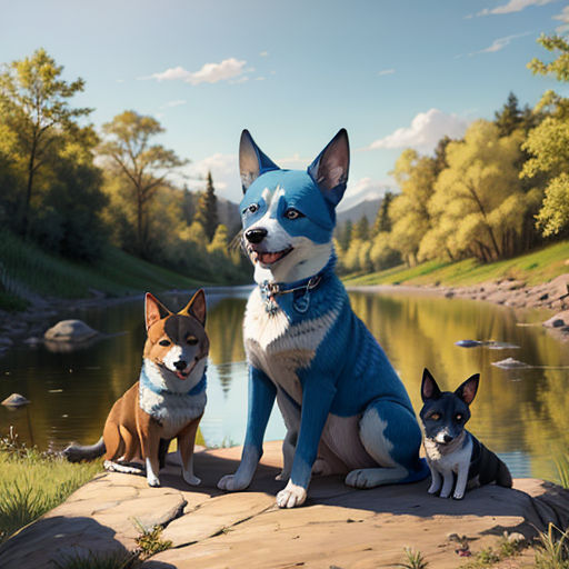 a painting of two dogs sitting on a rock near a lake and a forest with a blue dog and brown dog