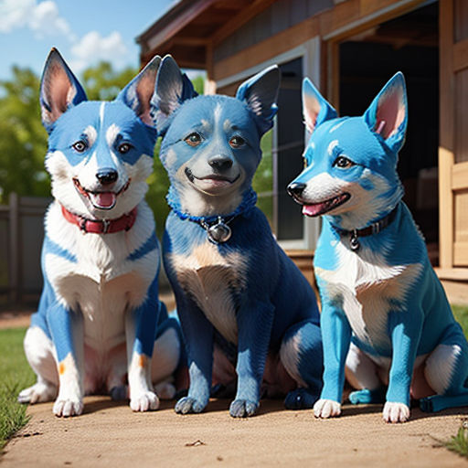 three dogs are sitting on the ground outside of a house with a blue and white dog on the front