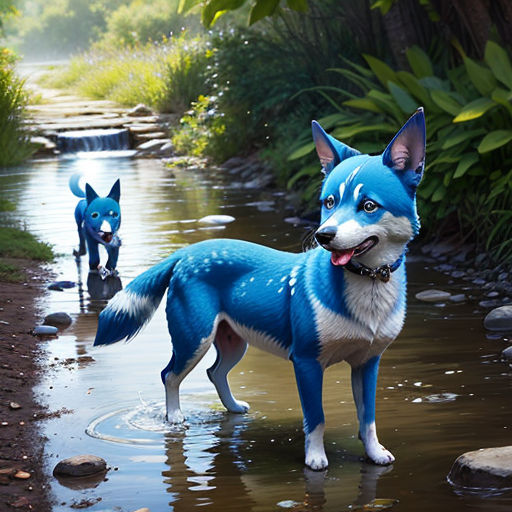 two dogs painted in blue and white standing in a stream of water near a forest area with rocks and grass