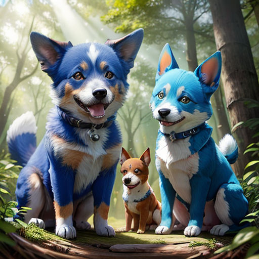 a couple of dogs that are sitting in the grass together in the woods with a dog on the ground