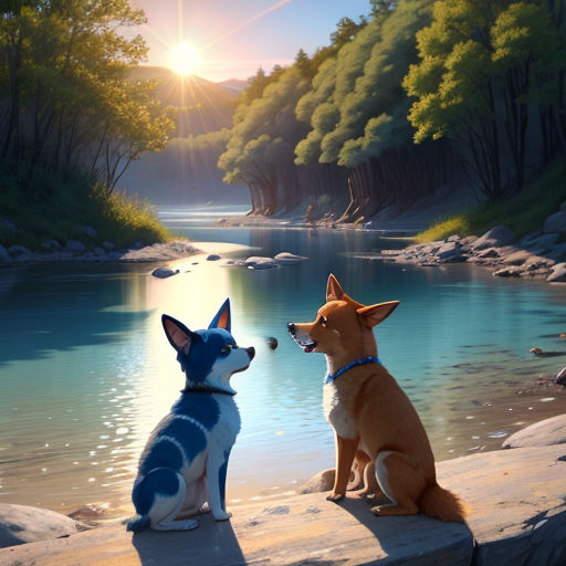 two dogs sitting on a rock looking at each other in the water and a river with rocks and trees