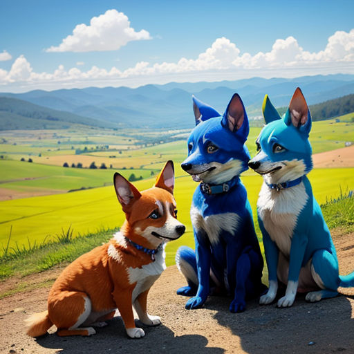 three dogs sitting on a dirt road in the mountains with a blue sky and green fields behind them and a blue sky and clouds
