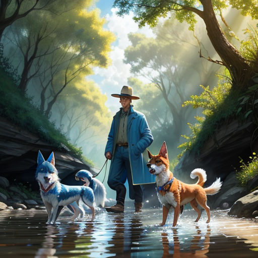 a man walking three dogs across a river in a forest with trees and rocks on the shore of the river