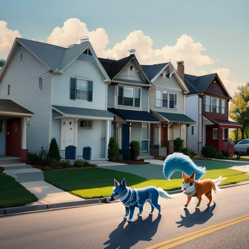 a couple of dogs walking down a street next to houses with a dog on the side of the road