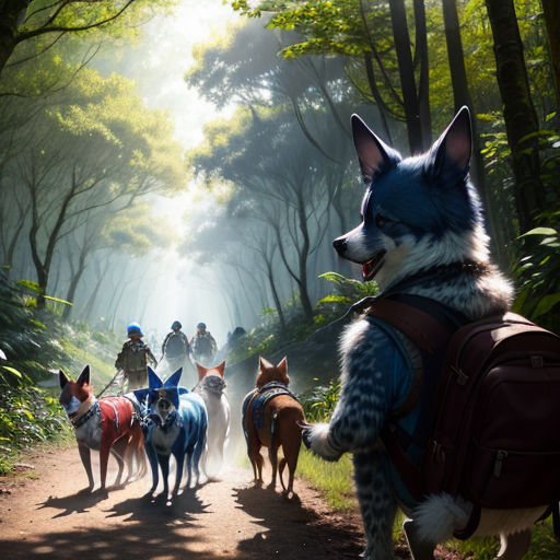 a group of dogs walking down a dirt road next to a forest filled with trees and people on horseback