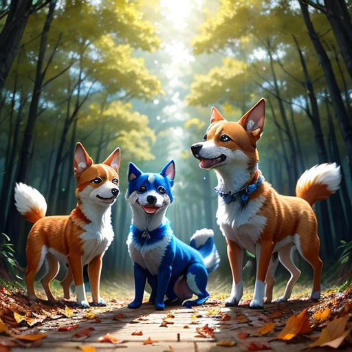three dogs are standing in the woods together, with leaves on the ground and trees in the background, and a bright light shining through the trees