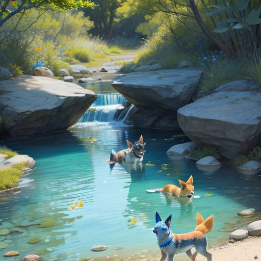 a couple of dogs are playing in the water near a waterfall and rocks and trees, and a stream runs through the park