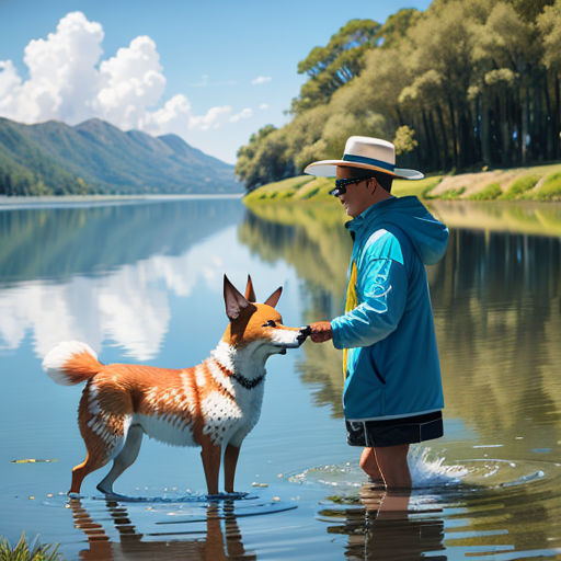 a man and a dog in the water near a lake with mountains in the background and a blue sky