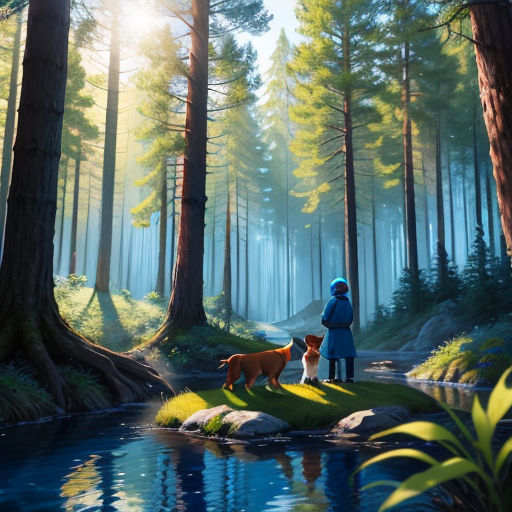 a painting of a person and two dogs in a forest with a stream and trees in the background, with a person standing on a rock