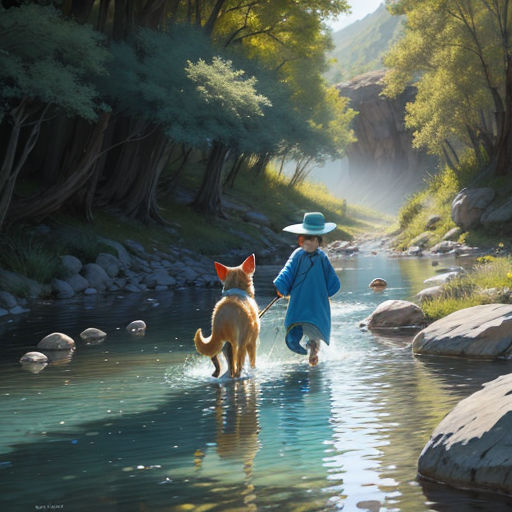 a painting of a woman and her dog walking through a river in the woods with rocks and trees around