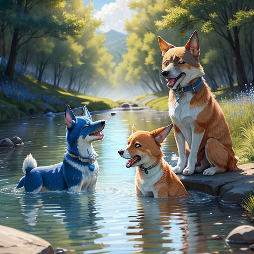 two dogs are sitting in the water and one is panting at the other dog's reflection in the water