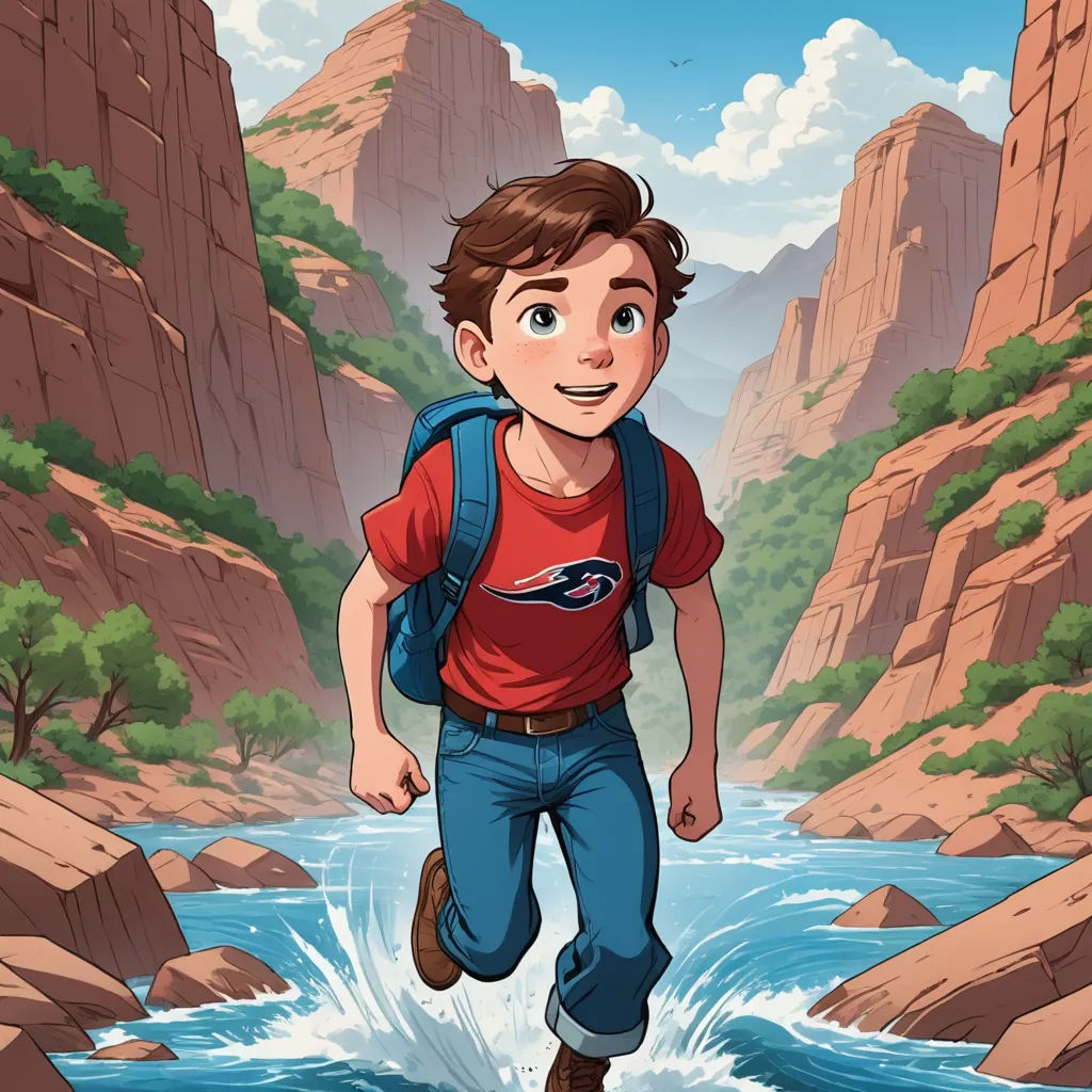 a boy is running through a river with mountains in the background and a river running through it with a backpack on his back, process art, a storybook illustration, Cliff Childs, comic cover art