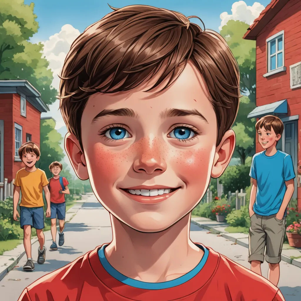 a boy with blue eyes standing in front of a red house and a group of kids walking down the street, hyperrealism, a storybook illustration, Aaron Jasinski, graphic novel