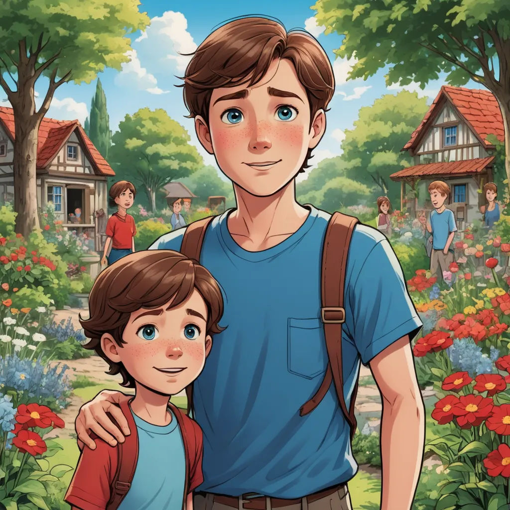 a man and a boy standing in front of a flower garden with a house in the background and a woman standing next to them, magical realism, a storybook illustration, Brothers Hildebrandt, kinkade