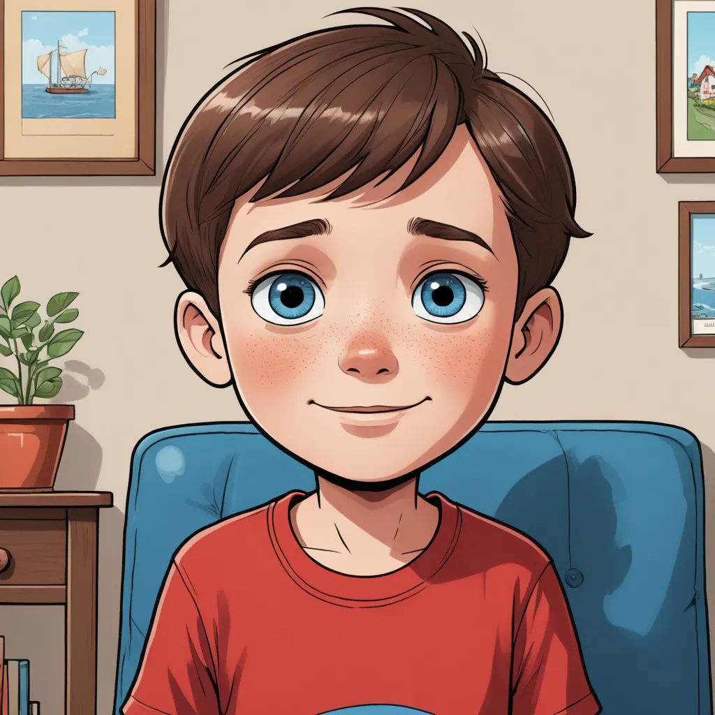 a boy sitting in a chair with a potted plant in front of him and a picture of a sailboat on the wall, hyperrealism, a storybook illustration, Diego Gisbert Llorens, graphic novel