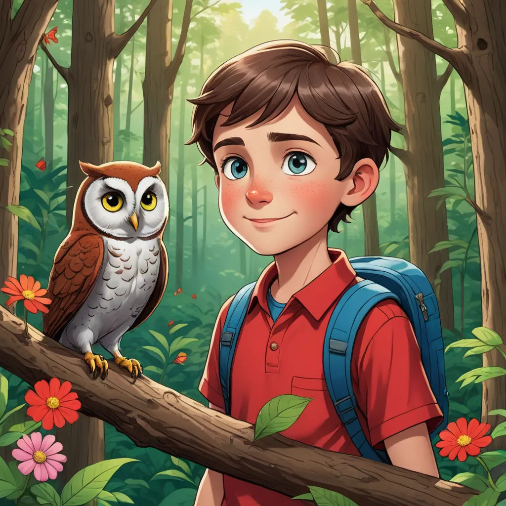 a boy with a backpack and an owl on a branch in a forest with flowers and trees in the background, sots art, a storybook illustration, Cliff Childs, storybook illustration