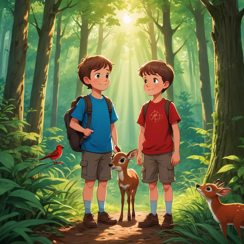 two boys standing in the woods with a deer and a bird nearby by them, with a bright light coming through the trees, sots art, a storybook illustration, Diego Gisbert Llorens, promotional image