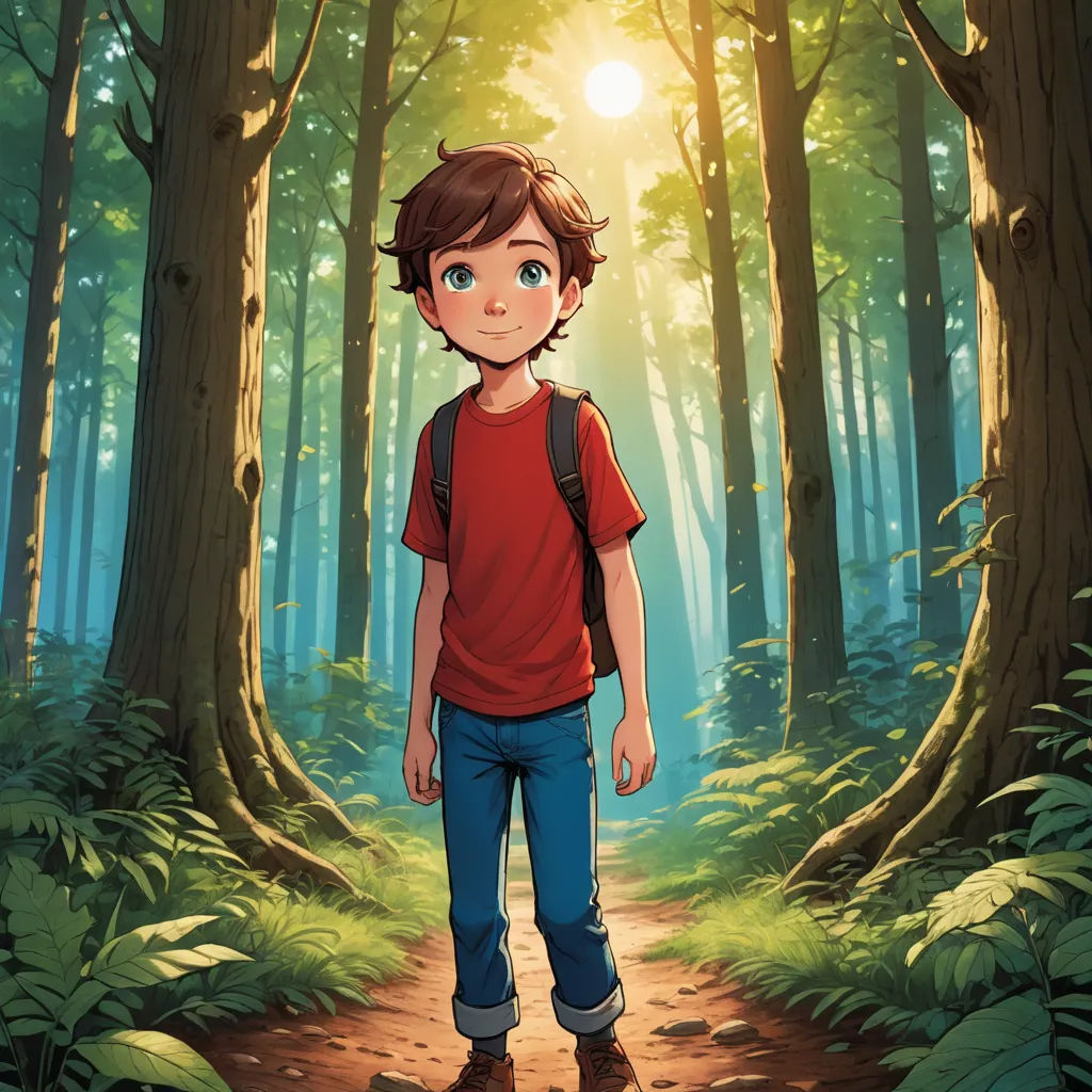 a boy standing in the middle of a forest with a backpack on his back and a sun shining through the trees, sots art, a storybook illustration, Cedric Seaut (Keos Masons), rossdraws global illumination