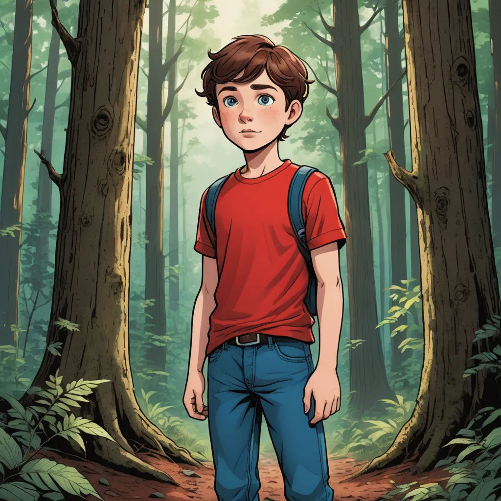a boy standing in the middle of a forest with trees and leaves on the ground, with a backpack on his back, sots art, a storybook illustration, Clark Voorhees, graphic novel
