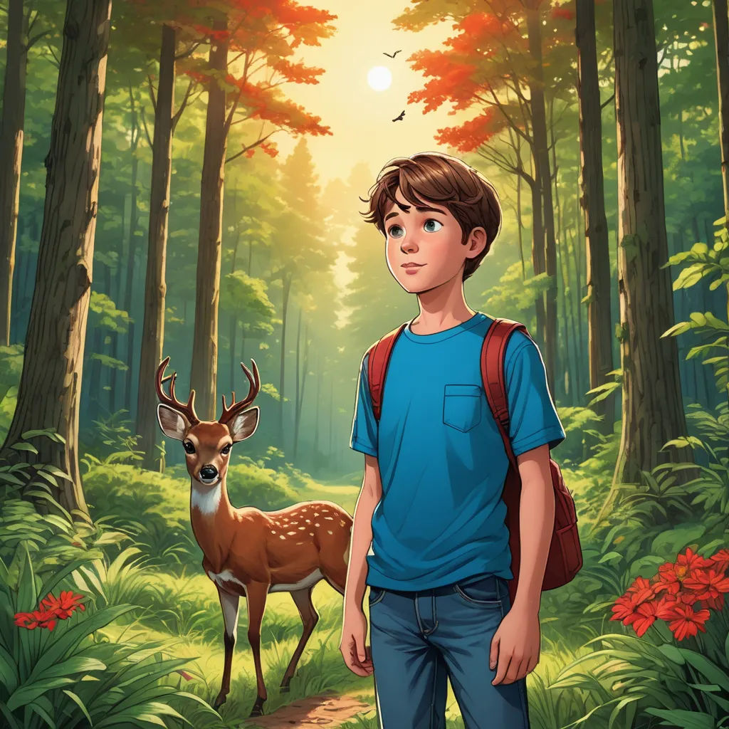 a boy with a backpack standing in the woods with a deer in front of him and a forest background, environmental art, a storybook illustration, Evan Charlton, promotional image