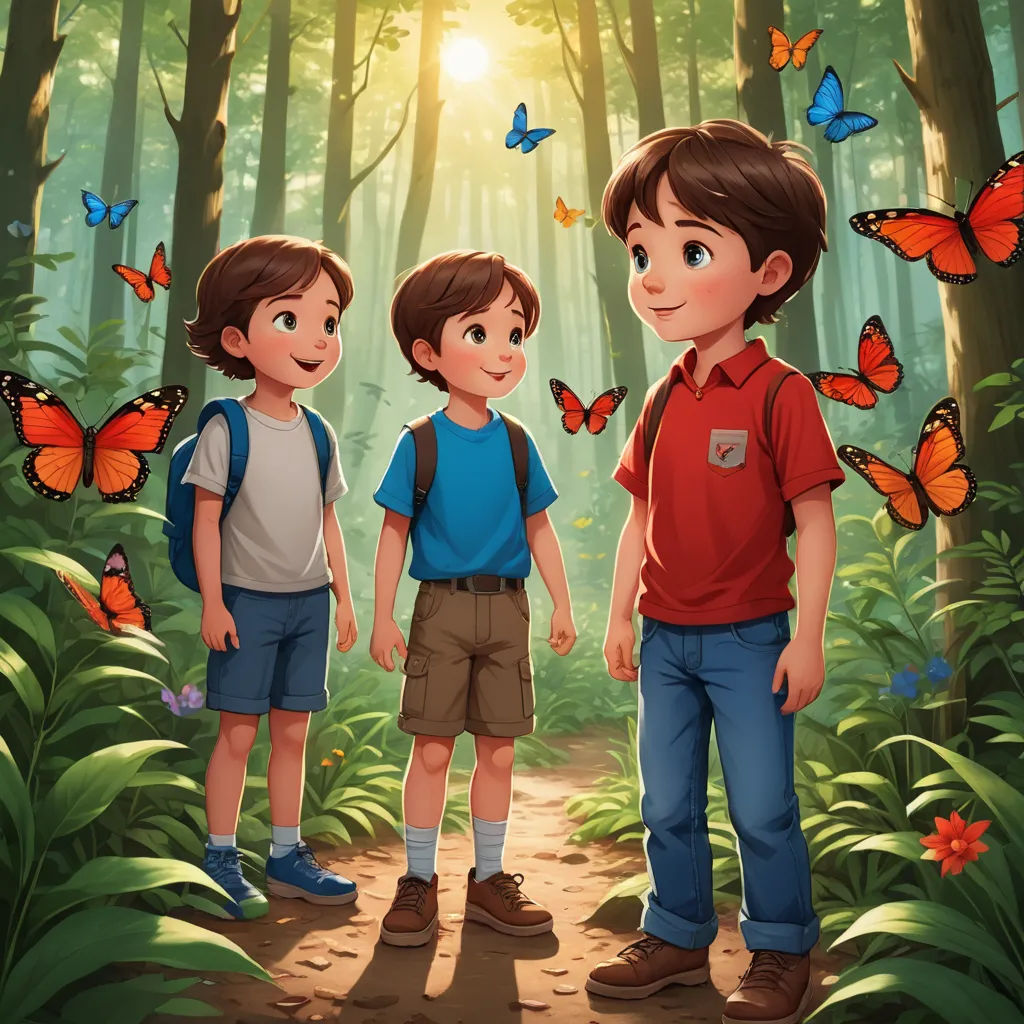 a boy and a boy standing in the woods with butterflies flying around them and a boy in the foreground, sots art, a storybook illustration, Diego Gisbert Llorens, official art