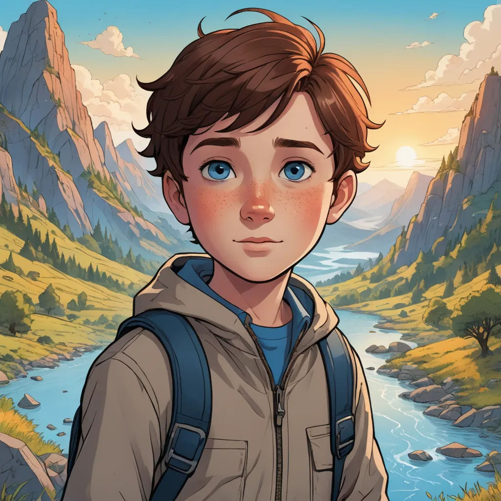 a boy with a backpack standing in front of a mountain river and a valley with a river running through it, sots art, a character portrait, Aaron Jasinski, kinkade