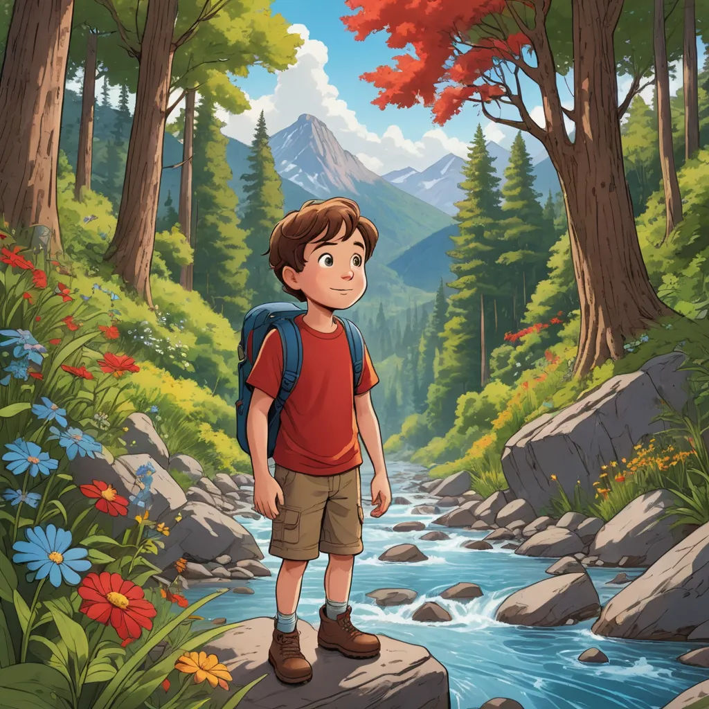 a boy standing on a rock in a forest looking at a stream of water and mountains in the distance, environmental art, a storybook illustration, Aaron Jasinski, promotional image