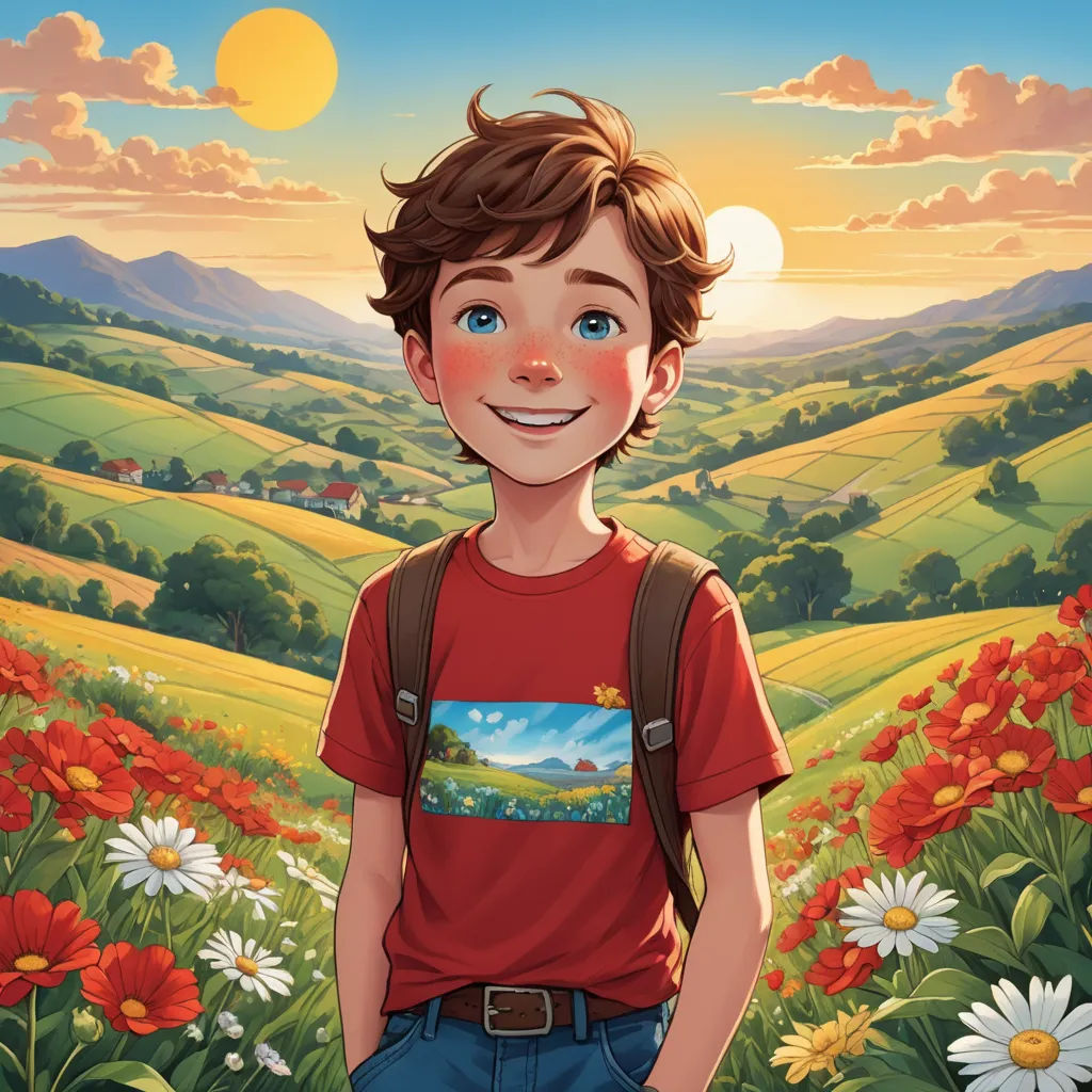 a boy with a backpack standing in a field of flowers with a sunset in the background and a field of flowers in the foreground, sots art, a storybook illustration, Aaron Jasinski, rossdraws global illumination