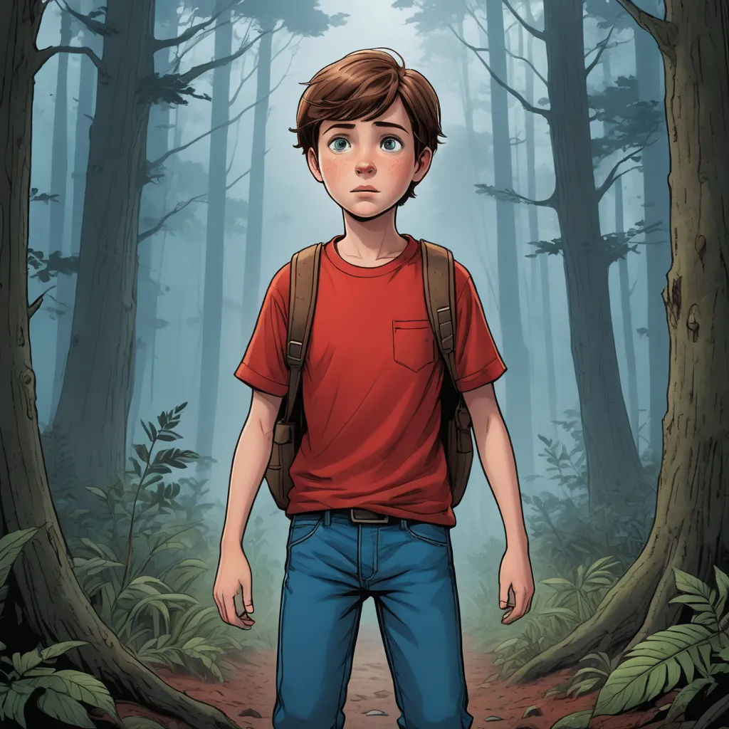 a boy standing in a forest with a backpack on his back and a forest background with trees and leaves, sots art, a character portrait, Clark Voorhees, graphic novel