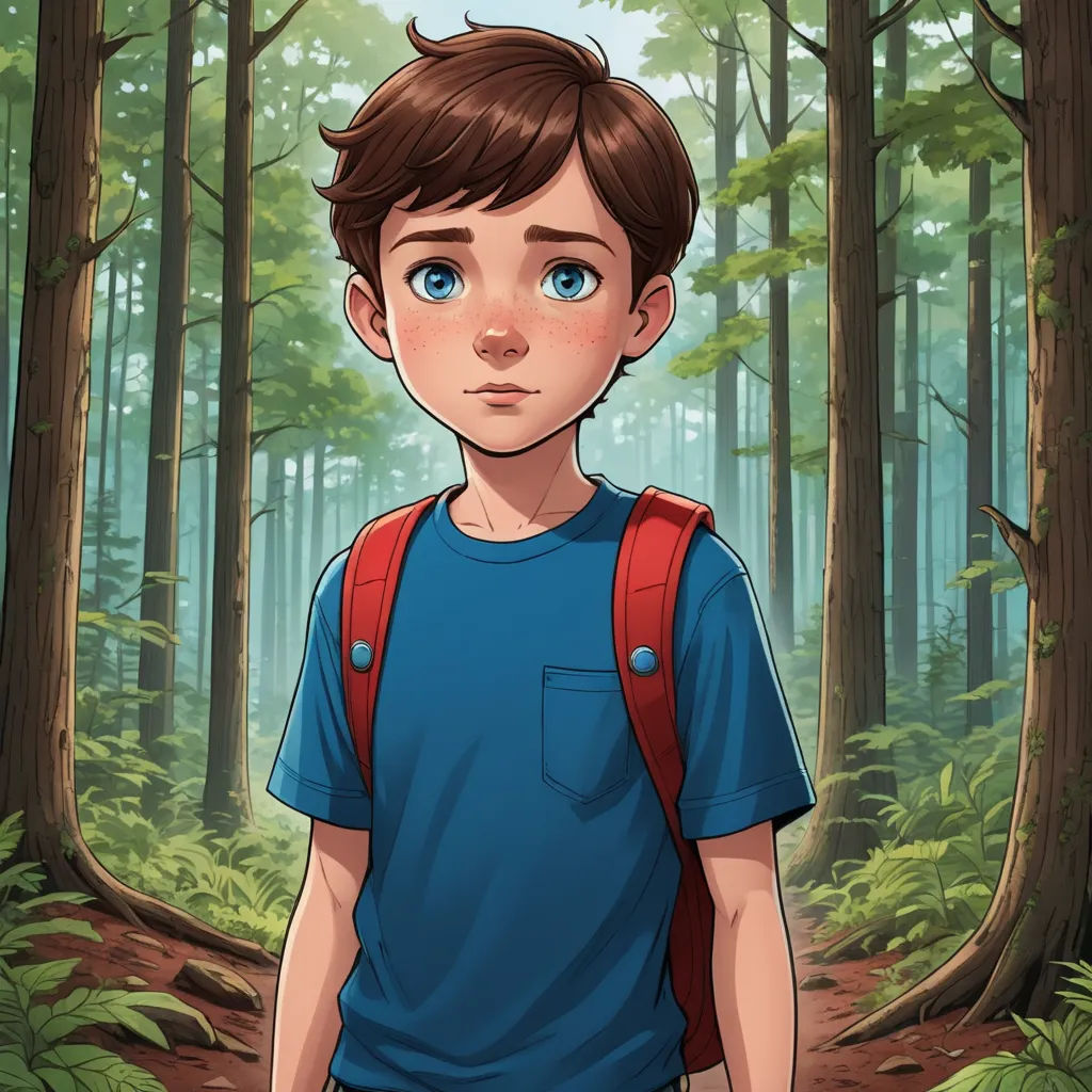 a boy with a backpack standing in the woods looking at the camera with a serious look on his face, sots art, a character portrait, Aaron Jasinski, comic cover art