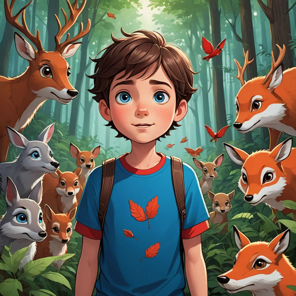 a boy standing in front of a forest filled with animals and birds, with a forest background with a boy surrounded by foxes, furry art, a storybook illustration, Diego Gisbert Llorens, comic cover art