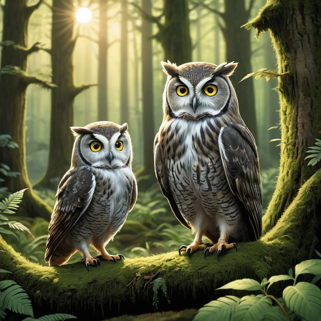 two owls sitting on a mossy branch in a forest with sunlight shining through the trees and leaves on the ground, fantasy art, a storybook illustration, Chris LaBrooy, highly detailed digital painting