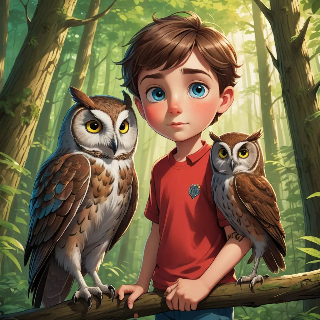 a boy standing next to an owl on a branch in a forest with trees and leaves behind him, with a forest background, sots art, a storybook illustration, Diego Gisbert Llorens, rossdraws global illumination