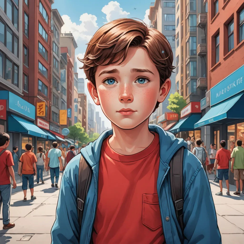 a boy with a backpack standing in the middle of a street with people walking around him and buildings in the background, photorealism, a storybook illustration, Aaron Jasinski, stanley artgerm lau