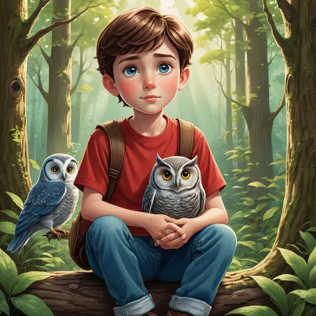 a boy sitting on a log with an owl in his lap and a forest background with trees and leaves, fantasy art, a storybook illustration, Aaron Jasinski, storybook illustration