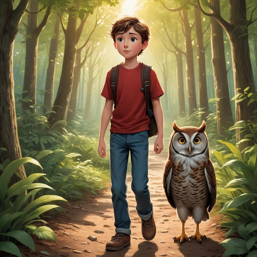 a boy is walking down a path with an owl on his shoulder and a backpack on his shoulder, in the woods, sots art, a storybook illustration, Aaron Jasinski, promotional image