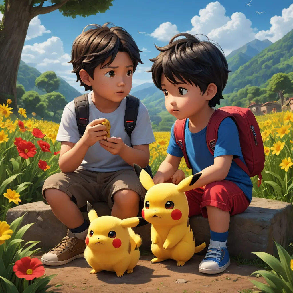 two children sitting on a rock with a pokemon stuffed animal in front of them and a field of flowers, photorealism, a painting, Artgerm, official art