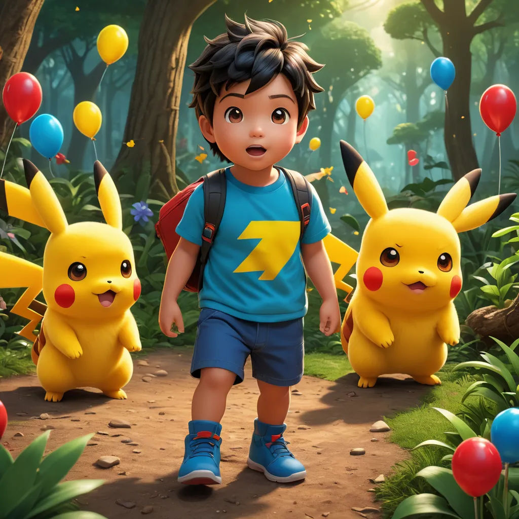 a boy in a blue shirt and blue shorts is walking through a forest with pikachu and balloons, photorealism, concept art, Chris LaBrooy, key art